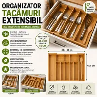 Organizator extensibil tacamuri si ustensile de bucatarie, Bambus, 6-8 compartimente, Design elegant, 50 x 45.5 x 5 cm