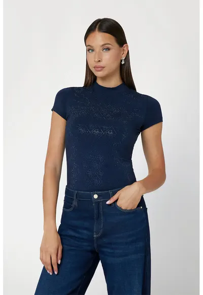 Tricou crop cu model monograma cu strasuri - Albastru indigo