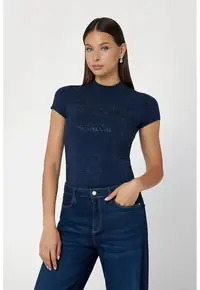 Tricou crop cu model monograma cu strasuri - Albastru indigo