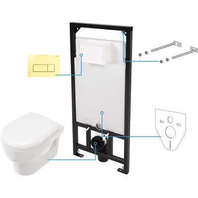 Set vas wc suspendat rimless alb cu rezervor incastrat si clapeta de actionare aurie Deante, Avis
