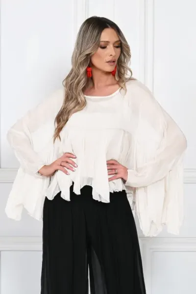 Bluza din matase naturala si vascoza cu volane tip cascada, croi lejer, alba