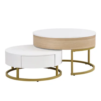Set de Măsuțe de Cafea Suprapozabile Reglabile pe Înălțime cu Două Sertare, Design Elegant din MDF, 70x70x42/56,5 + 60x60x24 cm, Alb