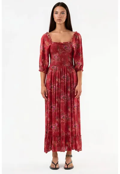 Rochie Midi Guler Patrat - Rosu - Viscosa