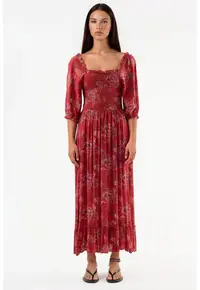 Rochie Midi Guler Patrat - Rosu - Viscosa