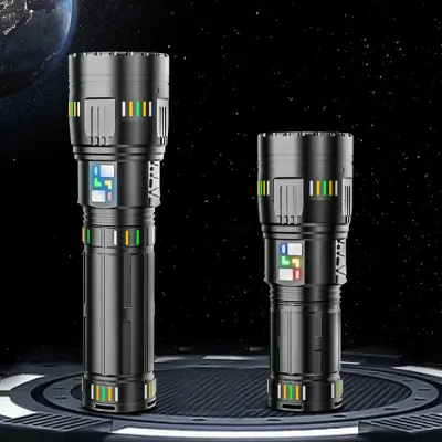 Lanterna profesionala cu led laser, 5km raza actiune, 30000 lumeni, 6 moduri luminare, 90W, incarcare USB-C, baterii incluse