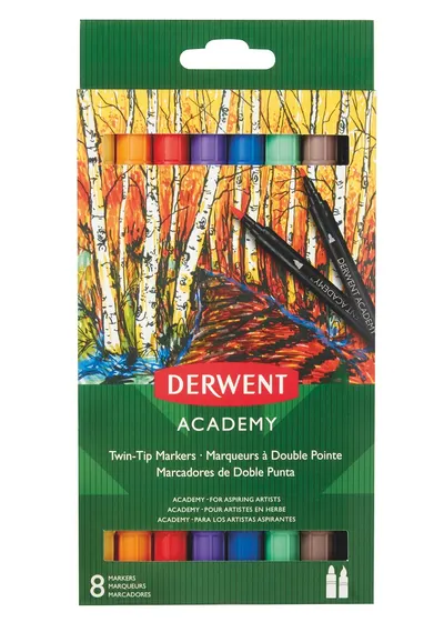 Marker pe baza de apa,2 varfuri, 8culori/set, Derwent Academy