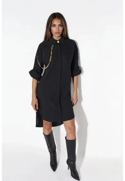 Rochie tip camasa - supradimensionata - neagra - poliester si lycra