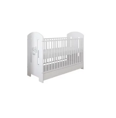 Set Patut din lemn cu sistem 3 bare detasabile si somiera reglabila pe 3 nivele de inaltime Ptilou Elefantel alb + Saltea cu husa detasabila din microfibra 12 cm grosime Nichiduta Cocos Comfort +