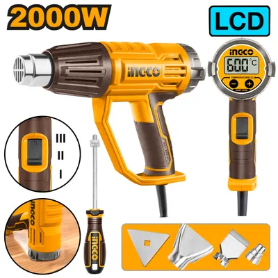 Pistol cu Aer Cald 2000W HG200058 – Afisaj Digital LCD, 50-600°C, 3 Trepte Debit Aer, Set Duze Inclus