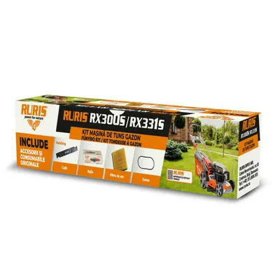 Kit Masina de Tuns Iarba RURIS RX 300s/331s, Cutit Functie Mulching, Curea, Filtru aer, Bujie, Kit Surub