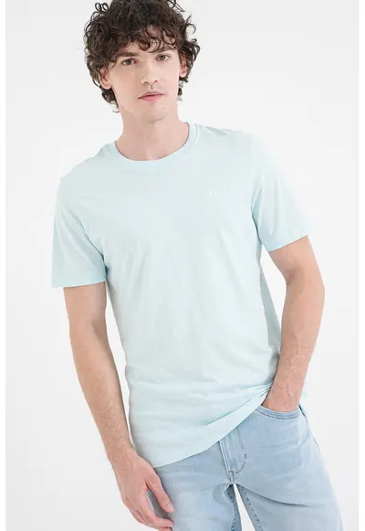 Tricou de bumbac cu decolteu la baza gatului - Turcoaz