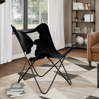 vidaXL Scaun tip fluture, negru și alb, piele de vacă naturală