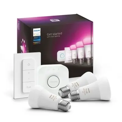 HUE Starter Kit 9W LED RGB A19 E27 BT (3 becuri + bridge + 1 dimmer)