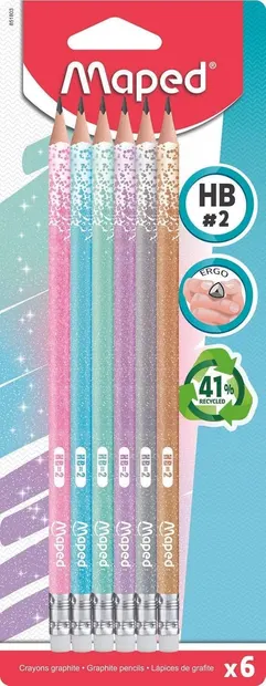 Creioane grafit Maped Glitter - HB, cu gumă de șters, 6 bucăți