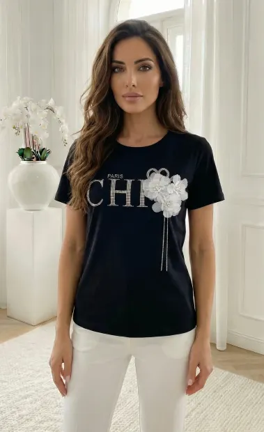 Tricou negru din bumbac cu aplic...