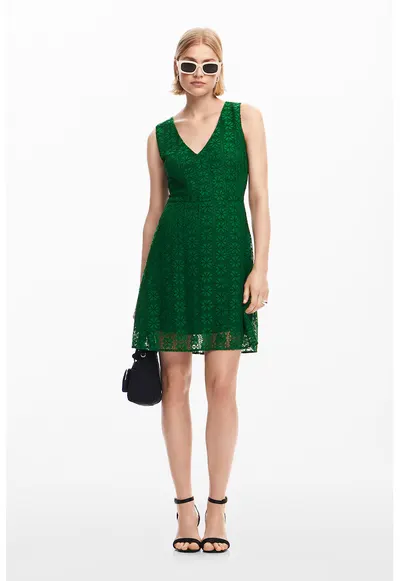 Rochie scurta cu dantela cu model floral - Verde