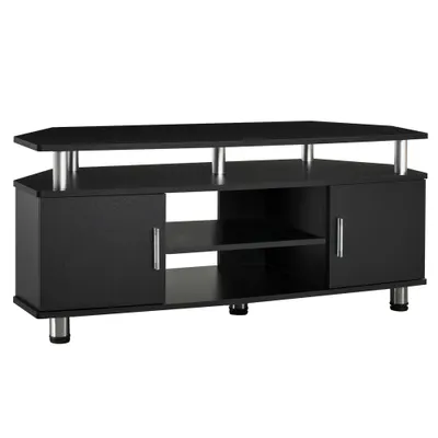 Comoda TV moderna HOMCOM, cu 2 compartimente inchise, raft, blat, benzi antiderapante, picioare din otel inox, din lemn, negru | Aosom Romania