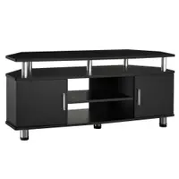 Comoda TV moderna HOMCOM, cu 2 compartimente inchise, raft, blat, benzi antiderapante, picioare din otel inox, din lemn, negru | Aosom Romania