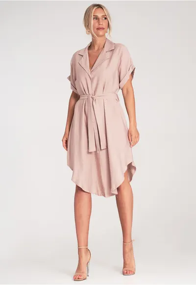 Rochie tip camasa midi cu nasturi si curea talie - maneca scurta - M1286 - roz