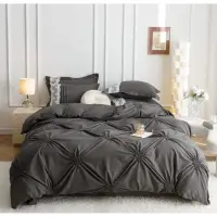 Lenjerie de Pat Premium, JOJO HOME, Finet Soft Touch, cu Inimioare din Pliuri Brodate, si Dantela Delicata, 6 Piese, Nesifonabila si Durabila, Gri inchis
