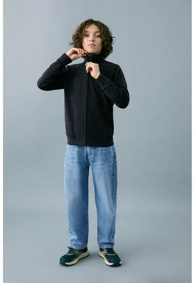 Bluza de trening cu fermoar si guler mediu - Negru melange