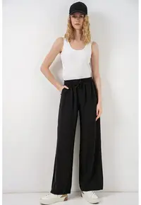 Pantaloni dama - talie inalta - picior larg - negru - 85% modal - 15% poliester