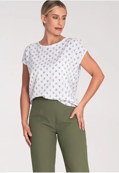 Bluza dama flori - Poliester/Elastan - Maneca scurta - Alb