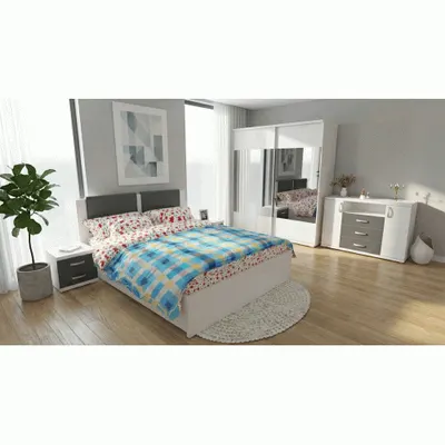 Dormitor Laguna cu pat 160x200 cu 2 sertare Alb cu Gri