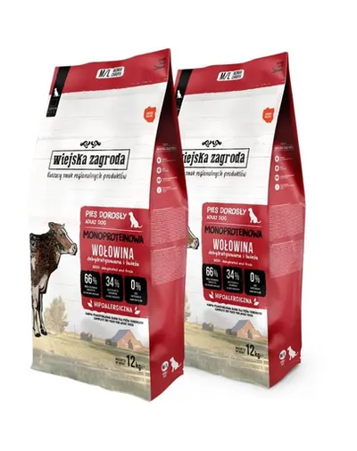 WIEJSKA ZAGRODA Hrană uscată monoproteică cu vită pentru câini M/L 2x12 kg