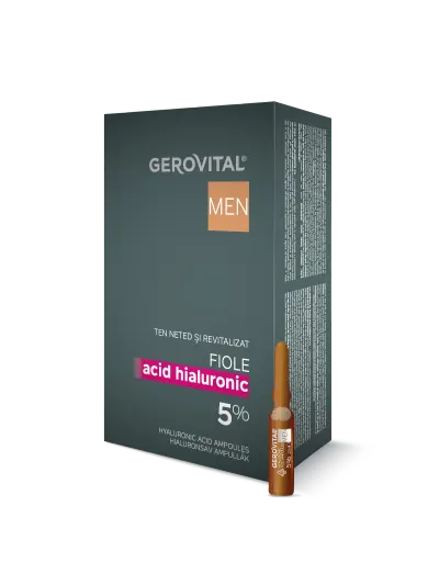 Fiole Cu Acid Hialuronic 5% Pentru Bărbați Tratament Intensiv De Hidratare Pentru Un Ten Neted și Revitalizat, Gerovital Men, 10 Fiole X 2 Ml