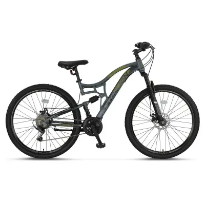 Bicicleta MTB Umit Stallion 2D, Full Suspension, SHM, 21 viteze, roata 27.5 , cadru otel, culoare gri verde