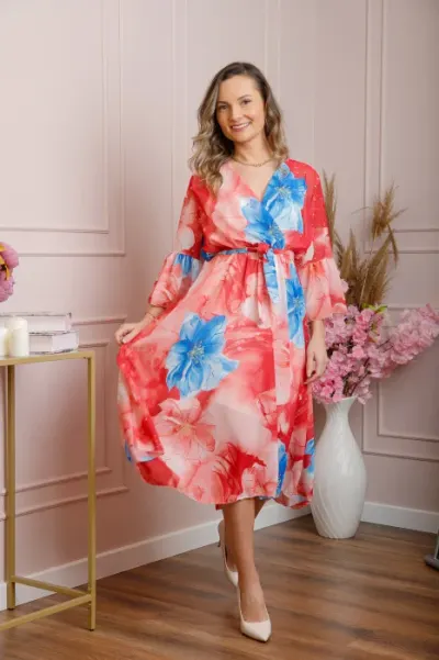 Rochie eleganta Adaline din voal rosu cu imprimeuri florale