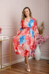 Rochie eleganta Adaline din voal rosu cu imprimeuri florale