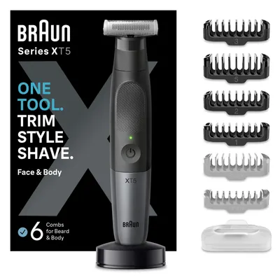 Aparat hibrid de barbierit si tuns barba Braun Series X XT5300 WetDry, Lama 4D, 6 piepteni, 1 capac de protectie, autonomie 45 minute, Husa, Suport de