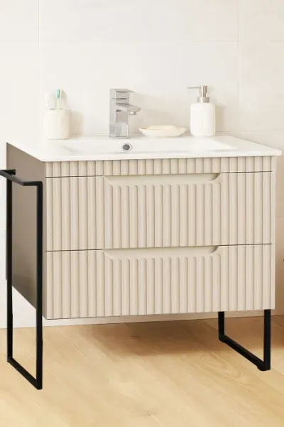 Set Baza front MDF si Lavoar seria 033, cadru metalic, sertare, montata, 80 cm, crem