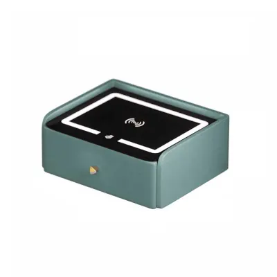 Noptiera inteligenta cu incarcare wireless, iluminare LED, 1 sertar de depozitare, port USB si port Type-C, difuzor Bluetooth de 10W &ndash; verde, design modern din sticla si lemn
