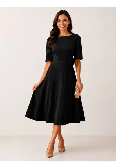 Rochie midi - in clos cu floare decorativa - turcoaz - Negru
