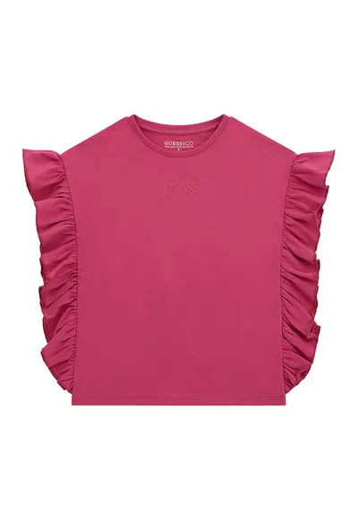 Tricou din bumbac cu volane - Roz zmeuriu