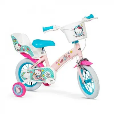 Bicicleta pentru copii Toimsa Hello Kitty 12 inch, varsta 3-5 ani, inaltime 85-100 cm, reglabila, cos frontal si scaun pentru papusi, roti ajutatoare