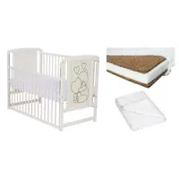 Set Patut din lemn bebe Qmini, Timmi Heart cu laterala culisanta, 120x60 cm, Alb + Saltea patut bebe, Cocos Confort II, Cu fibre de cocos si strat de burete, 120x60x10 cm + Protectie impermeabila, Pentru patuturi 120x60 cm, Alb