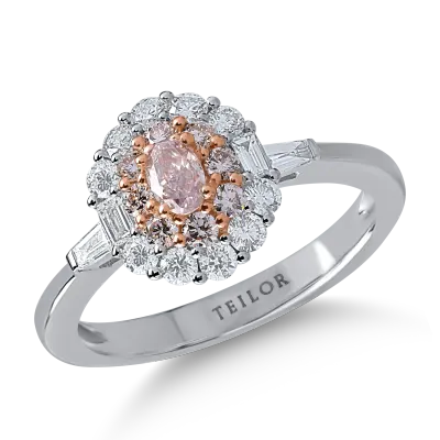 Inel din aur alb-roz cu diamante transparente baguette si rotunde de 0.5ct si diamante roz ovale si rotunde de 0.4ct