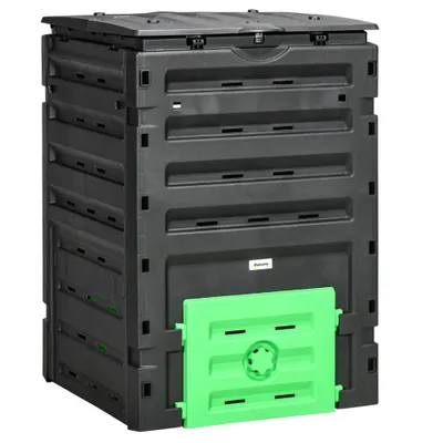 Outsunny Compostor de grădină 450 L, recipient pentru compost, 80 de aerisiri și 2 uși glisante, 69 x 71 x 103 cm, negru | Aosom Romania