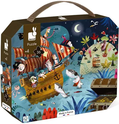Puzzle in valiza pentru copii Janod - Vanatori de comori, 36 piese