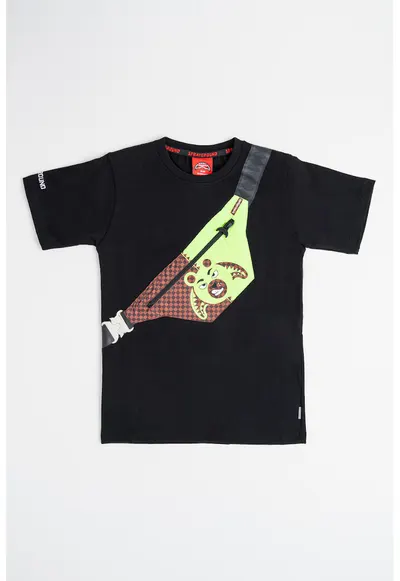 Tricou din bumbac Crossbody Money Bear - Negru/Verde electric
