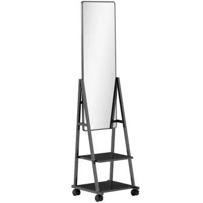 HOMCOM Oglindă Verticală cu 2 Rafturi și 4 Rotile, Oglindă de Podea din Oțel și PAL, 42x37x155 cm, Negru | Aosom Romania