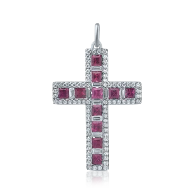 Pandantiv cruce din aur alb cu rubine princess de 1.03ct si diamante baguette si rotunde de 0.55ct