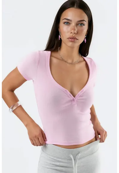 Tricou dama - Decolteu in V - Roz pudrat - Bumbac/Elastan