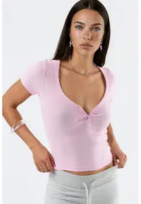 Tricou dama - Decolteu in V - Roz pudrat - Bumbac/Elastan