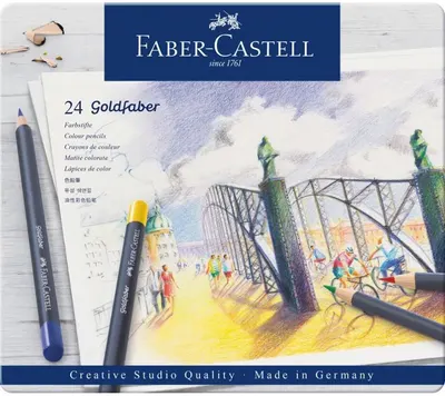 Set de creioane colorate Faber-Castell Goldfaber - 24 culori, într-o cutie metalică