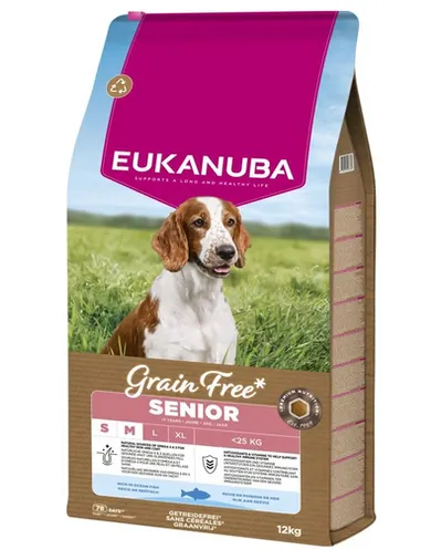 EUKANUBA Grain Free Senior Small Medium Ocean Fish 12 kg hrană câini seniori rase mici și medii, cu pește
